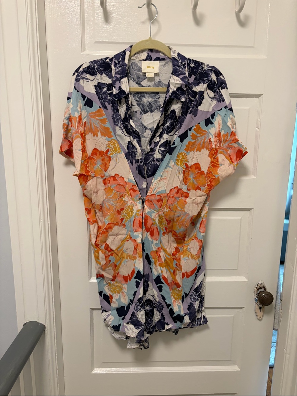 Maeve Floral Short-Sleeve Button-Down Shirt — Orange, Blue, Navy